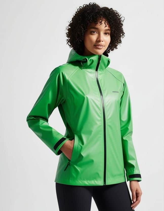 Model with green rain jacket